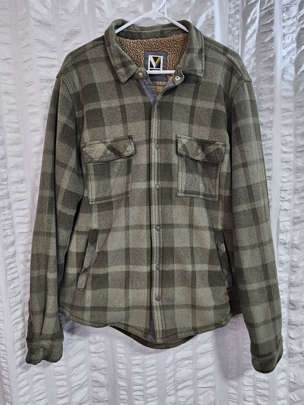 Mens Voyager Green Plaid Long Sleeve Sherpa Lined Shirt Jacket Snap Button
